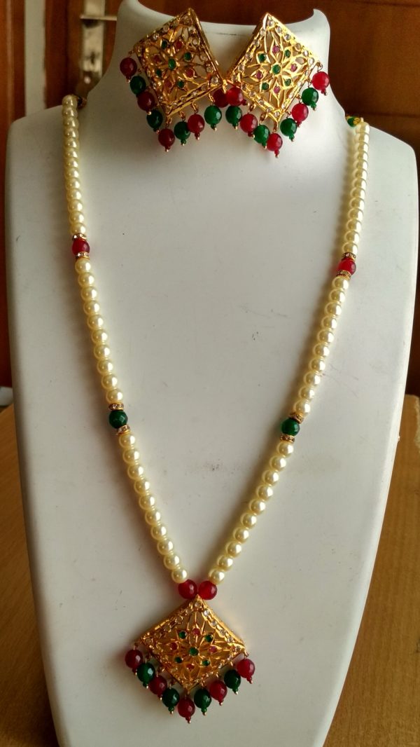 Pendant set-Gold plated with Ruby Emerald and Pearl