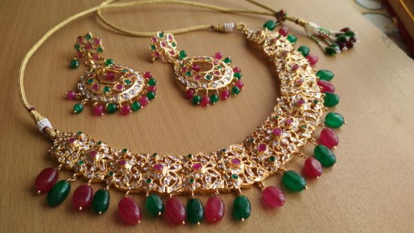 Necklace Set - Gold plated Polki Necklace with Ruby Emerald