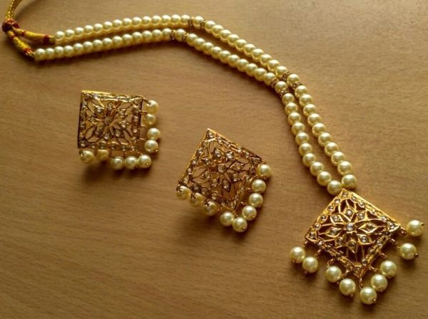Pendant set-Gold plated with Polki and Pearl