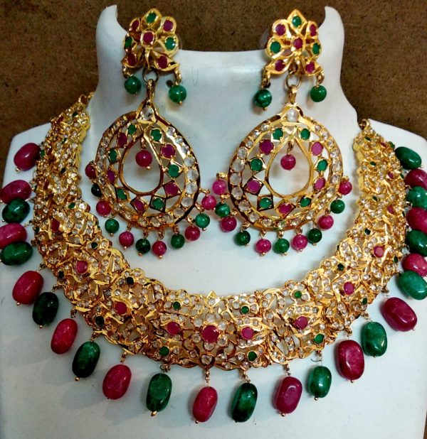 Necklace Set - Gold plated Polki Necklace with Ruby Emerald - Image 2