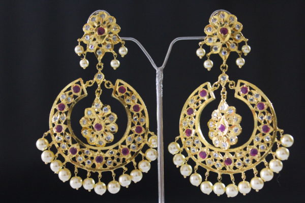 Traditional Hyderabadi Nizami Chand Baali with Ruby Emerald and Polki - Image 2