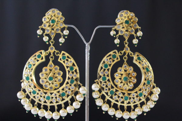 Traditional Hyderabadi Nizami Chand Baali with Ruby Emerald and Polki - Image 3