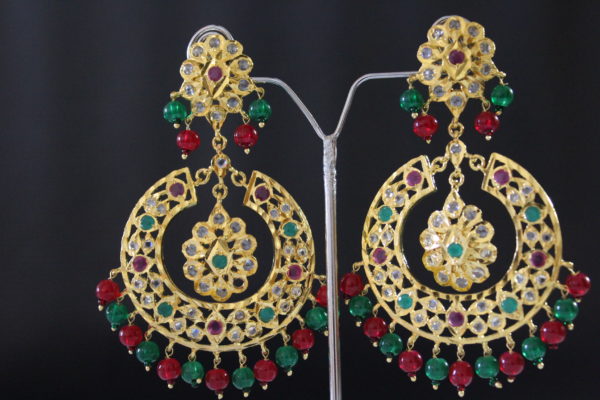 Traditional Hyderabadi Nizami Chand Baali with Ruby Emerald and Polki