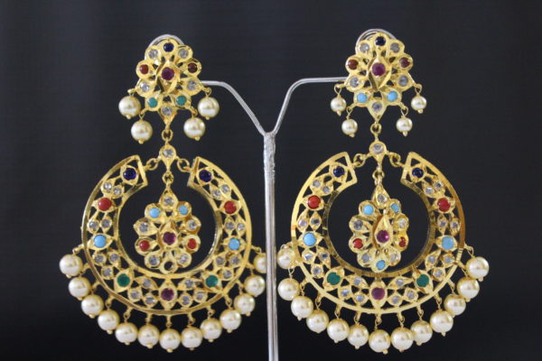 Traditional Hyderabadi Nizami Chand Baali with Ruby Emerald and Polki - Image 4